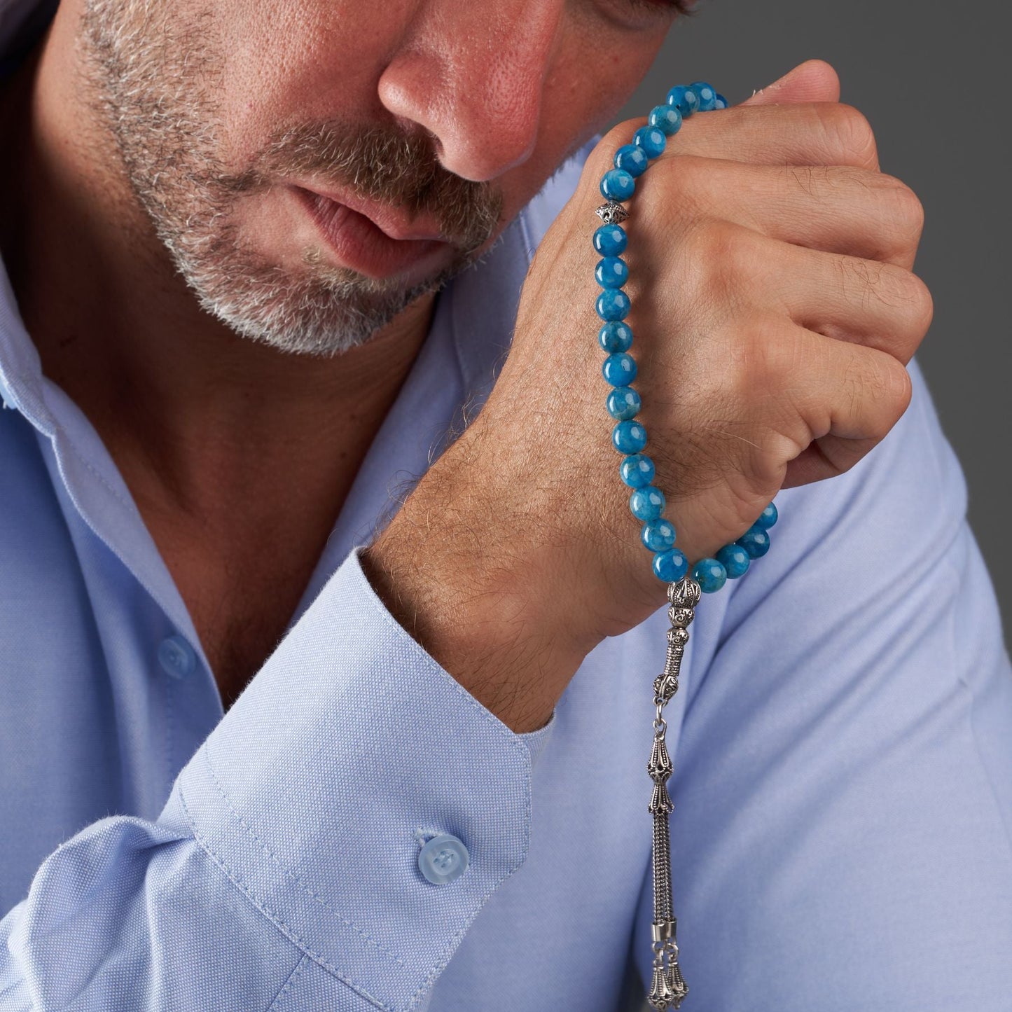 Traveler's Rosary: Apatite and Silver - 33 beads, (8 mm)